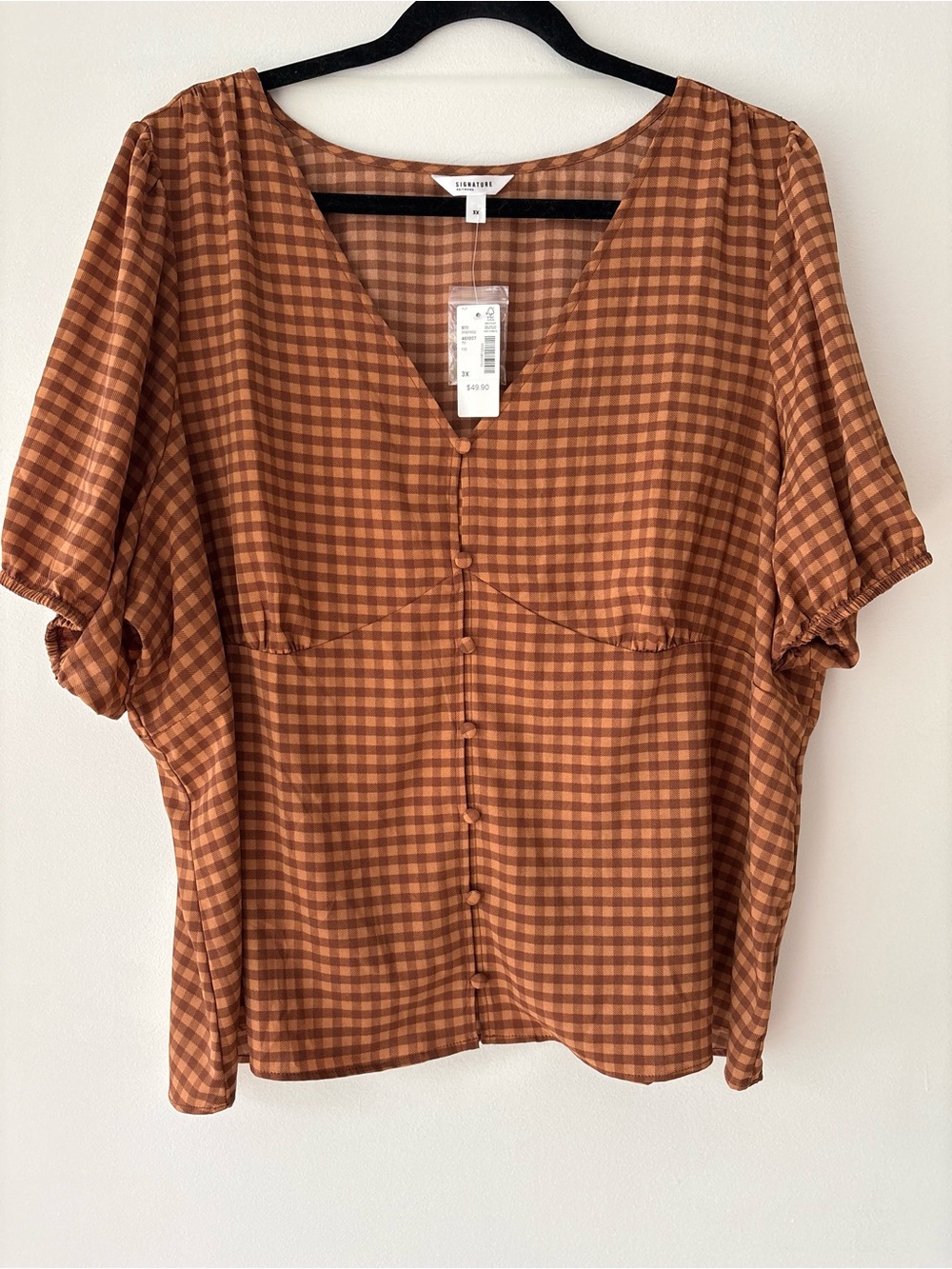 Gingham Brown and Tan Button-Front V-Neck Top - Reitman’s